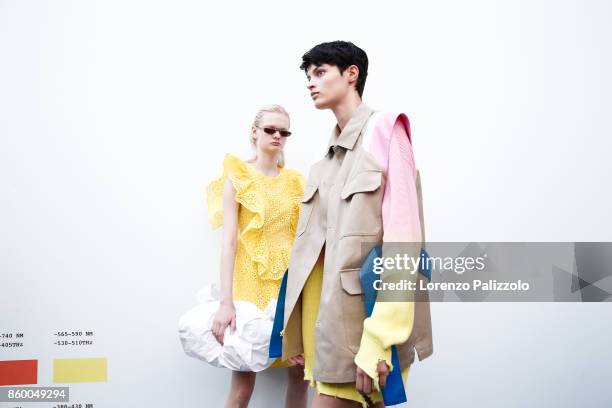 Models are seen backstage ahead of the MSGM show during Milan Fashion Week Spring/Summer 2018on September 24, 2017 in Milan, Italy.