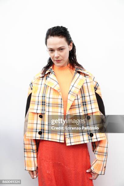 Model is seen backstage ahead of the MSGM show during Milan Fashion Week Spring/Summer 2018on September 24, 2017 in Milan, Italy.