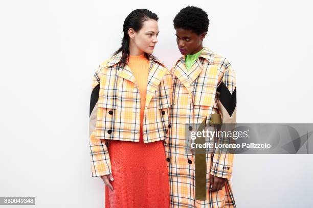 Models are seen backstage ahead of the MSGM show during Milan Fashion Week Spring/Summer 2018on September 24, 2017 in Milan, Italy.