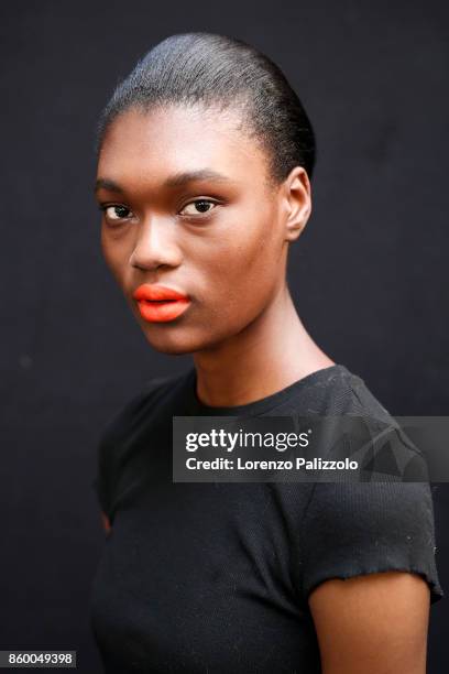 Model is seen backstage ahead of the MSGM show during Milan Fashion Week Spring/Summer 2018on September 24, 2017 in Milan, Italy.