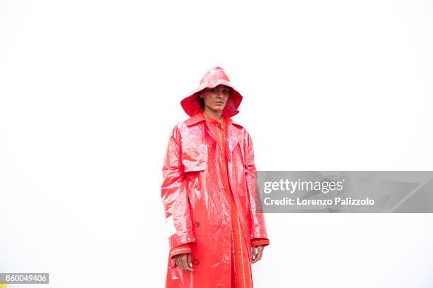 Model is seen backstage ahead of the MSGM show during Milan Fashion Week Spring/Summer 2018on September 24, 2017 in Milan, Italy.