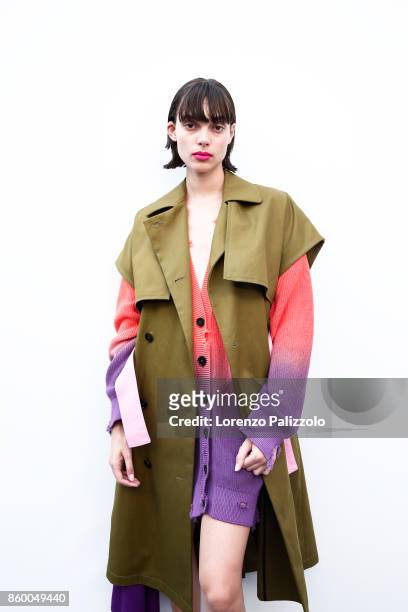 Model is seen backstage ahead of the MSGM show during Milan Fashion Week Spring/Summer 2018on September 24, 2017 in Milan, Italy.