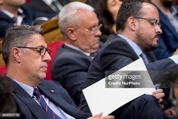 Xavier Garcia Albiol, PP's spokeman during the declaration. Carles Puigdemont, president of the Catalan government, declares the republic and...