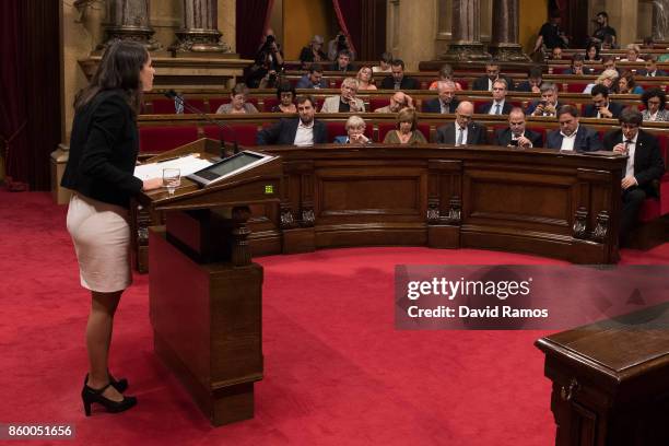 Spokeperson of Ciudadanos party, Ines Arrimadas, speaks to the Catalan Parliament on October 10, 2017 in Barcelona, Spain. After the October 1...