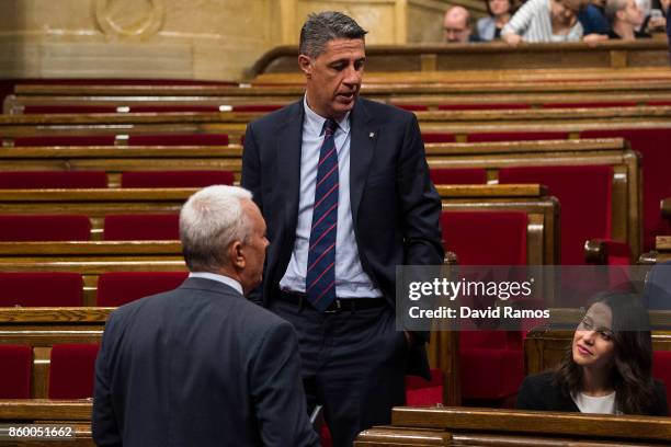 President of the Popular Party of Catalonia Xavier Garcia Albiol and spokeperson of Ciudadanos party, Ines Arrimadas, speak at the Catalan Parliament...