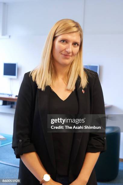 Beatrice Fihn, executive director of the International Campaign to Abolish Nuclear Weapons speaks to media after the Nobel Peace Prize is announced...