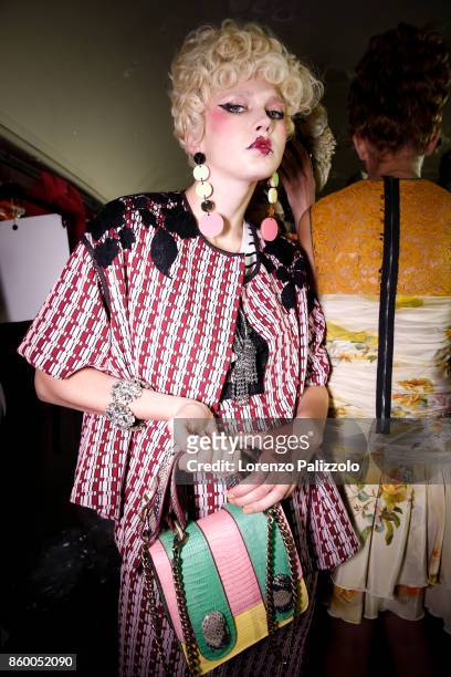 Model is seen backstage ahead of the Antonio Marras show during Milan Fashion Week Spring/Summer 2018on September 23, 2017 in Milan, Italy.