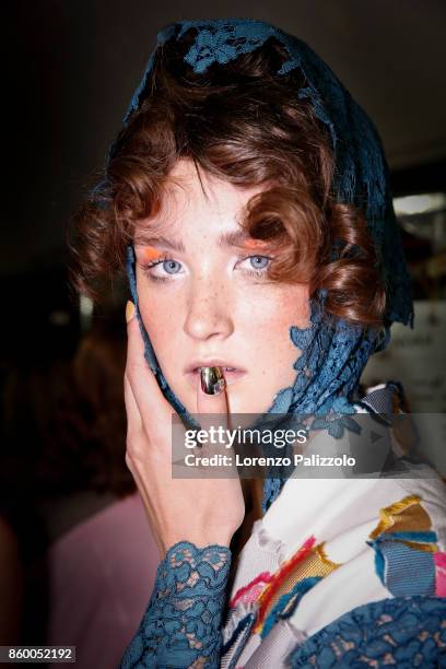 Model is seen backstage ahead of the Antonio Marras show during Milan Fashion Week Spring/Summer 2018on September 23, 2017 in Milan, Italy.