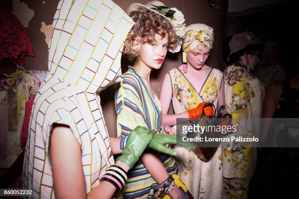 Models are seen backstage ahead of the Antonio Marras show during Milan Fashion Week Spring/Summer 2018on September 23, 2017 in Milan, Italy.