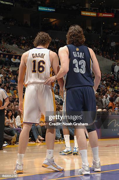 Pau Gasol of the Los Angeles Lakers fights for position against Marc Gasol of the Memphis Grizzlies during the game on April 12, 2009 at Staples...
