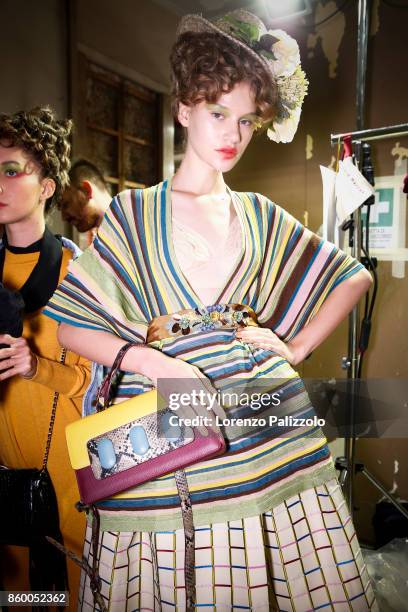 Model is seen backstage ahead of the Antonio Marras show during Milan Fashion Week Spring/Summer 2018on September 23, 2017 in Milan, Italy.