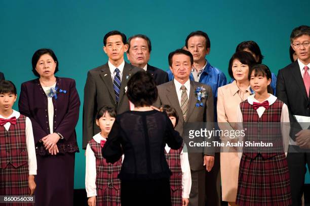 Former abductees by North Korea Yasushi Chimura, his wife Fukie and Hitomi Soga attend a meeting demanding the return of abductees on October 9, 2017...