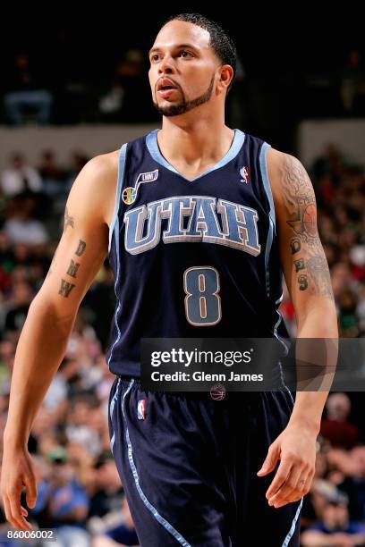 Deron Williams of the Utah Jazz looks up during the game against the Dallas Mavericks on April 8, 2009 at American Airlines Center in Dallas, Texas....