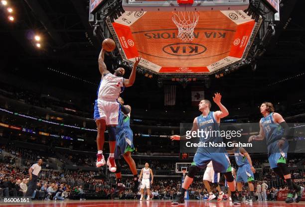 Baron Davis of the Los Angeles Clippers grabs a rebound during the game against the Minnesota Timberwolves at Staples Center on April 7, 2009 in Los...