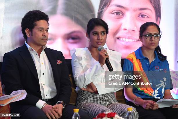 India women's cricket team captain Mithali Raj speaks as former cricketer and UNICEF Goodwill Ambassador Sachin Tendulkar and Special Olympics...