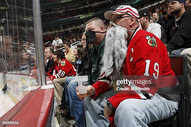 Chicago Blackhawks fans wear beards during Game One of the Western Conference Quarterfinals of the 2009 Stanley Cup Playoffs between the Calgary...