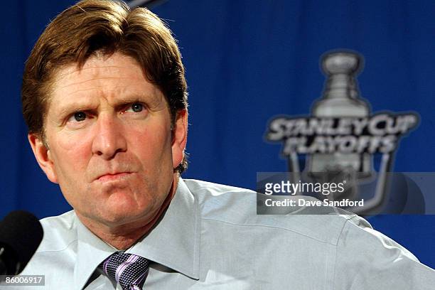 Head Coach Mike Babcock of the Detroit Red Wings talks at a press conference after facing the Columbus Blue Jackets during Game One of the Western...