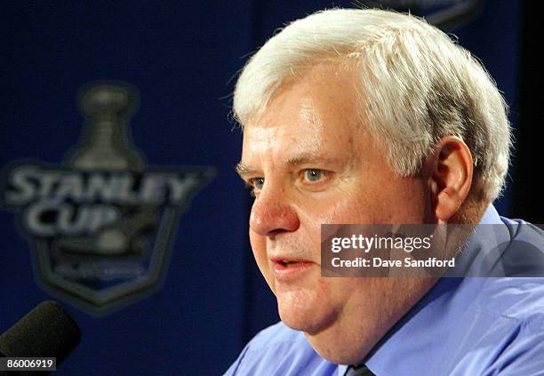 Head Coach Ken Hitchcock of the Columbus Blue Jackets talks at a press conference after facing the Detroit Red Wings during Game One of the Western...