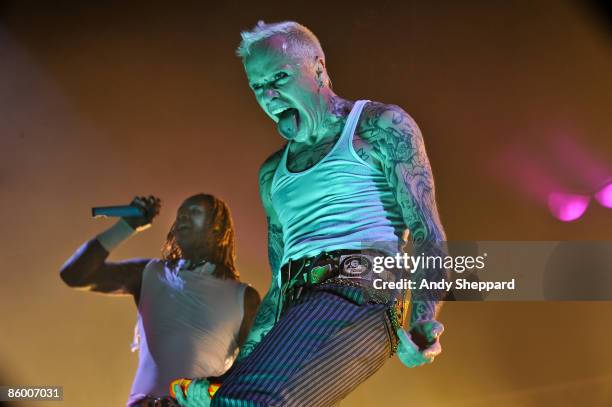 Keith Flint of The Prodigy performs on stage at Wembley Arena on April 16, 2009 in London, England.