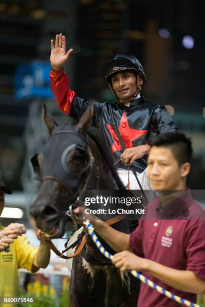 Jockey Karis Teetan riding Empire Of Mongolia wins Race 3 Los Angeles Handicap at Happy Valley racecourse on September 13, 2017 in Hong Kong, Hong...