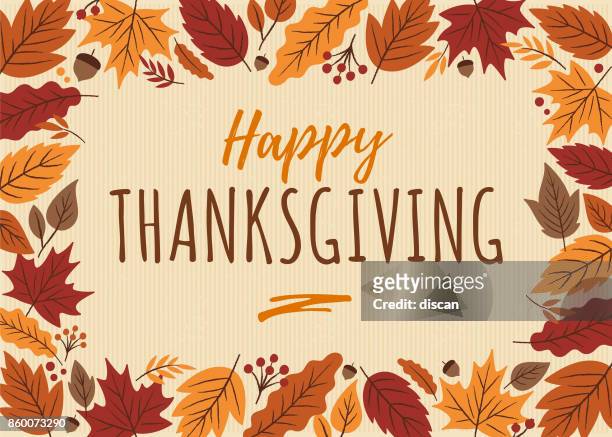 happy thanksgiving karte mit blätter-rahmen. - happy thanksgiving text stock-grafiken, -clipart, -cartoons und -symbole