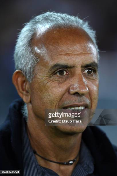 Head coach Marc Collat of Haiti looks on prior to the international friendly match between Japan and Haiti at Nissan Stadium on October 10, 2017 in...