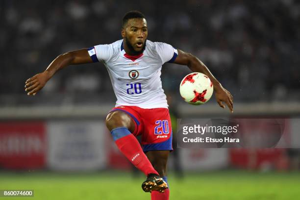 Duckens Nazon of Haiti in action during the international friendly match between Japan and Haiti at Nissan Stadium on October 10, 2017 in Yokohama,...