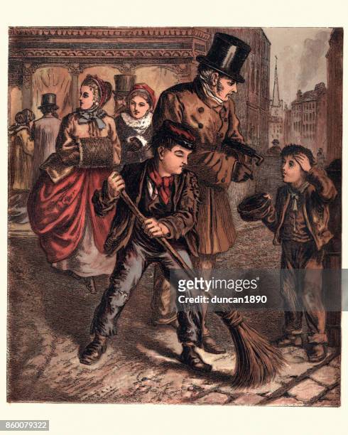 victorian london boys begging and sweeping street, 1870 - victorian orphan stock illustrations