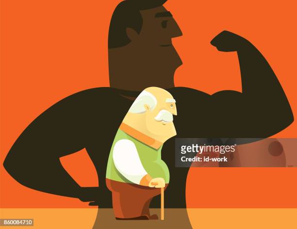old man with healthy man shadow - the old guard stock illustrations