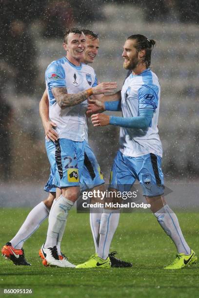 Sebastian Ryall of Sydney FC celebrates a goal with Joshua Brillante during the FFA Cup Semi Final match between South Melbourne FC and Sydney FC at...