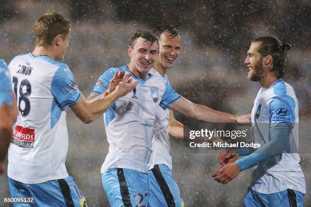 Sebastian Ryall of Sydney FC celebrates a goal during the FFA Cup Semi Final match between South Melbourne FC and Sydney FC at Lakeside Stadium on...