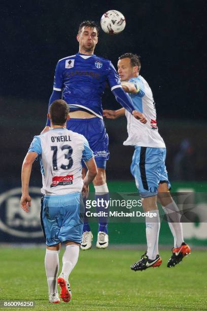 Milos Ludic of South Melbourne heads the ball during the FFA Cup Semi Final match between South Melbourne FC and Sydney FC at Lakeside Stadium on...