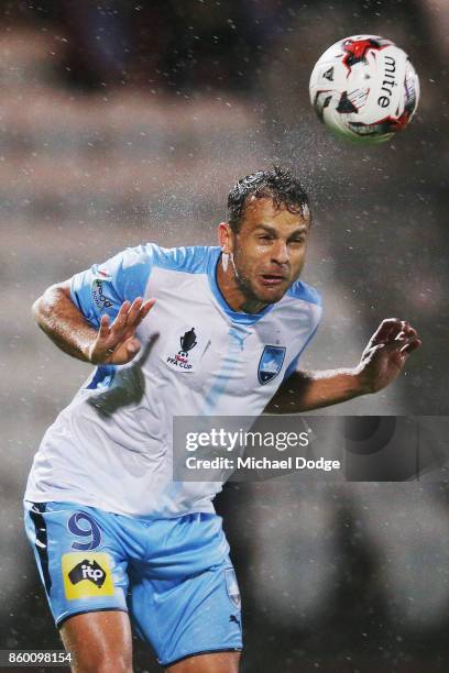 Deyvison Rogerio Da Silva of Sydney FC heads the ball during the FFA Cup Semi Final match between South Melbourne FC and Sydney FC at Lakeside...