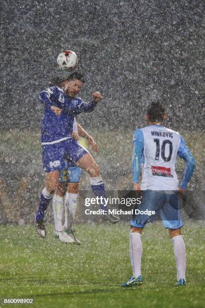 Leigh Minopoulos of South Melbourne heads the ball during the FFA Cup Semi Final match between South Melbourne FC and Sydney FC at Lakeside Stadium...