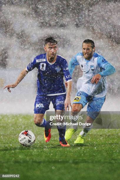 Nicholas Epifano of South Melbourne looks upfield during the FFA Cup Semi Final match between South Melbourne FC and Sydney FC at Lakeside Stadium on...