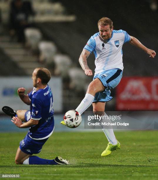 David Carney of Sydney FC kicks the ball at goal during the FFA Cup Semi Final match between South Melbourne FC and Sydney FC at Lakeside Stadium on...