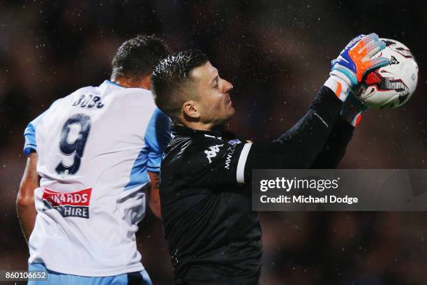 South Melbourne Goalkeeper Nikola Roganovic makes a save during the FFA Cup Semi Final match between South Melbourne FC and Sydney FC at Lakeside...