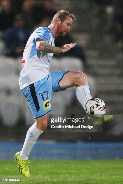 David Carney of Sydney FC kicks the ball at goal during the FFA Cup Semi Final match between South Melbourne FC and Sydney FC at Lakeside Stadium on...
