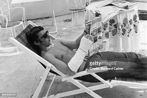 Jackie Stewart, Bernard Cahier's home in Evian, Evian, July 14, 1968. Jackie Stewart relaxing at the home of his friend Bernard Cahier in Evian,...