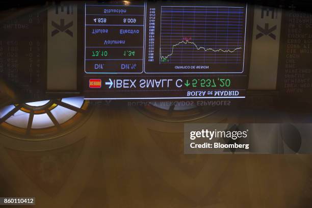 Spanish stock prices for IBEX 35 companies sit on an electronic display board reflected on a table top at the Madrid Stock Exchange, also known as...