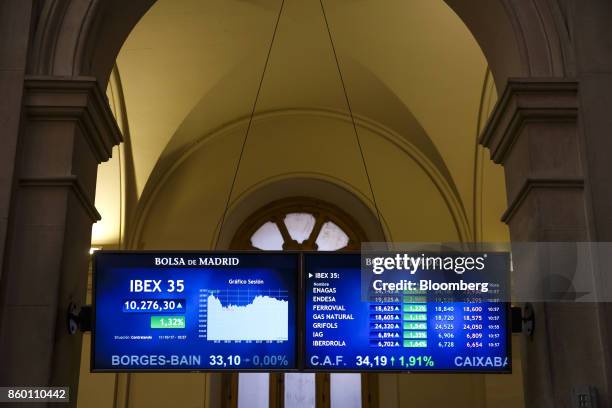 Spanish stock prices for IBEX 35 companies sit on an electronic display board at the Madrid Stock Exchange, also known as Bolsa de Madrid, in Madrid,...