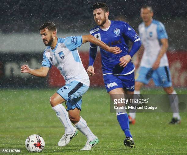 Michael Zullo of Sydney FC runs with the ball during the FFA Cup Semi Final match between South Melbourne FC and Sydney FC at Lakeside Stadium on...