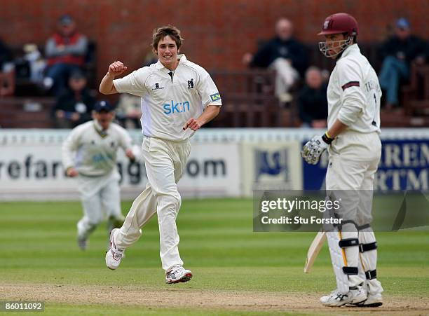 Warwickshire bowler Chris Woakes celebrates taking the wicket of Somerset batsman Marcus Trescothick during the third day of the LV County...