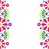 Mexican folk vector wedding or party invitation, greeting card, colorful frame design with flowers and abstract shapes