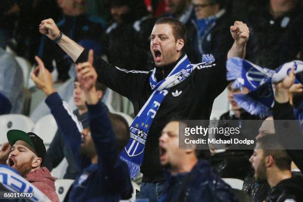 South Melbourne fans show their support during the FFA Cup Semi Final match between South Melbourne FC and Sydney FC at Lakeside Stadium on October...