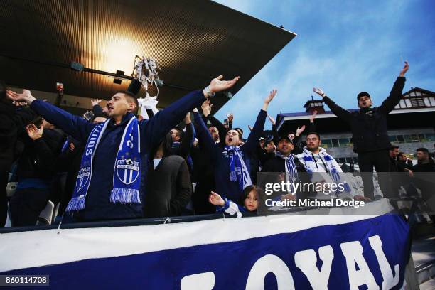 South Melbourne fans show their support during the FFA Cup Semi Final match between South Melbourne FC and Sydney FC at Lakeside Stadium on October...