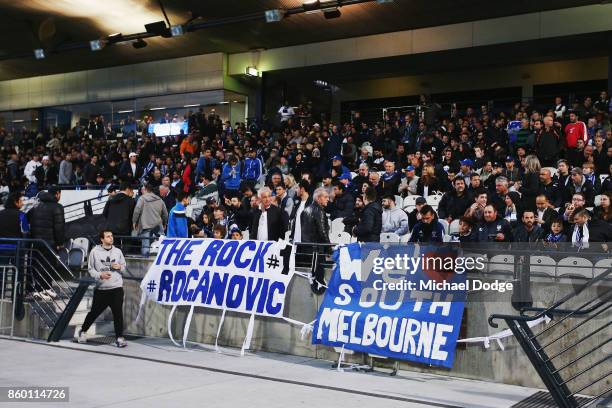 South Melbourne fans show their support during the FFA Cup Semi Final match between South Melbourne FC and Sydney FC at Lakeside Stadium on October...