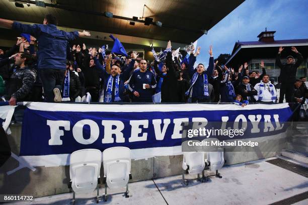 South Melbourne fans show their support during the FFA Cup Semi Final match between South Melbourne FC and Sydney FC at Lakeside Stadium on October...