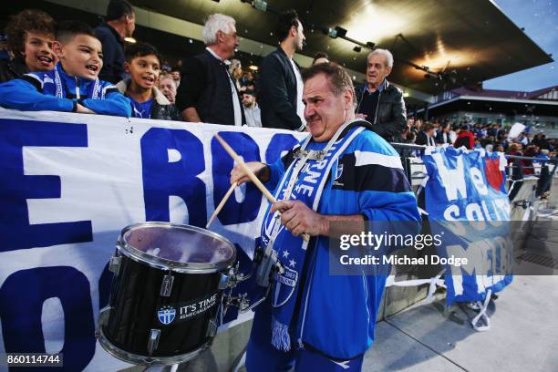 South Melbourne fans show their support during the FFA Cup Semi Final match between South Melbourne FC and Sydney FC at Lakeside Stadium on October...