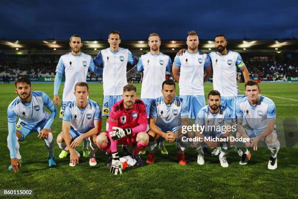 Sydney FC players pose during the FFA Cup Semi Final match between South Melbourne FC and Sydney FC at Lakeside Stadium on October 11, 2017 in...